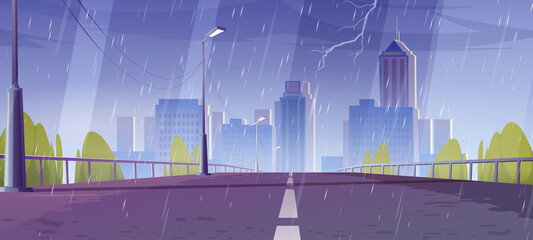 Obraz na płótnie Canvas City skyline at rainy weather view from bridge, urban cityscape architecture at thunderstorm. Metropolis with empty road, skyscraper buildings, town or downtown district, Cartoon vector illustration