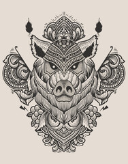 Obraz premium illustration wild boar head with antique engraving ornament style