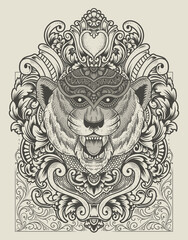 illustration tiger head with antique engraving ornament style
