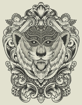 illustration tiger head engraving style with mask