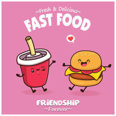 Vintage food poster design with vector drink, burger characters.
