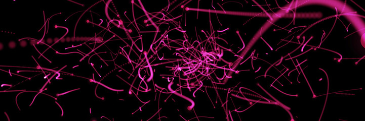 pink flying waves  banner background. dark abstract background with pink glowing particles