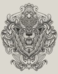 Fototapeta premium illustration lion head with antique engraving ornament style