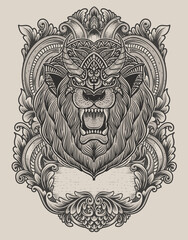 illustration lion head with antique engraving ornament style
