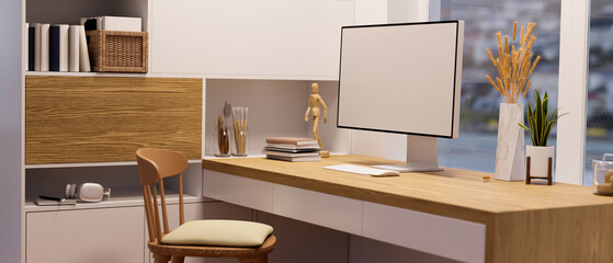 Minimalist home workspace interior design with PC computer