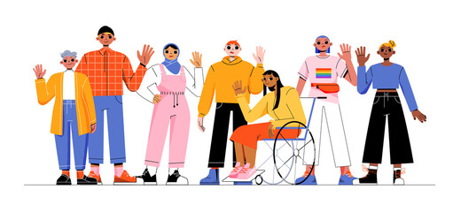 Group of multiracial people, girl in wheelchair, lgbt person and elderly woman . Concept of multiracial and multicultural community. Vector flat illustration of diverse characters - Powered by Adobe