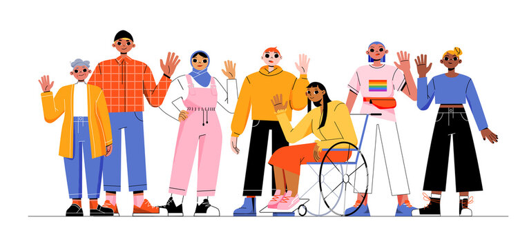 Group of multiracial people, girl in wheelchair, lgbt person and elderly woman . Concept of multiracial and multicultural community. Vector flat illustration of diverse characters