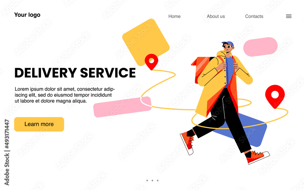 Poster delivery service banner with man courier with backpack and map points. vector landing page with flat
