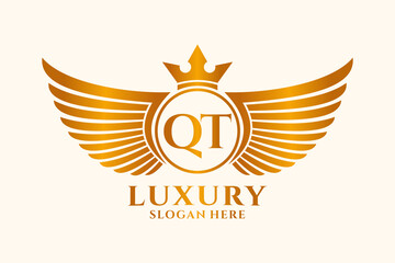 Luxury royal wing Letter QT crest Gold color Logo vector, Victory logo, crest logo, wing logo, vector logo template.