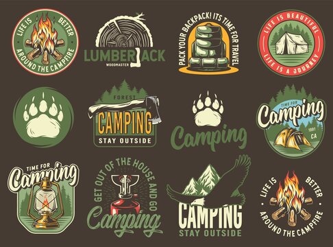 Camping outdoor travel adventure emblems, big camp set with campfire, hiking gear, wild eagle and forest