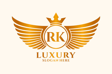 Luxury royal wing Letter RK crest Gold color Logo vector, Victory logo, crest logo, wing logo, vector logo template.