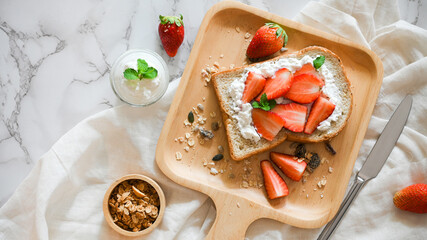 Delicious and healthy breakfast, Strawberry toast with soft cheese