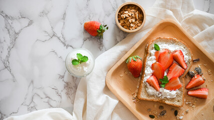Healthy breakfast, Strawberries toast with cottage cheese and granola