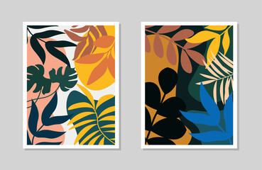 Fototapeta na wymiar Botanical wall art vector set. Abstract leaves drawing with abstract shape. Abstract plant art design for print, cover, wallpaper, Minimal, and natural wall art. Vector illustration.