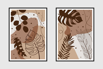 Botanical wall art vector set. Floral and Foliage line art drawing with abstract shape. Abstract Plant Art design for print, cover, wallpaper, Minimal and natural wall art. Vector illustration