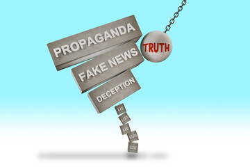 Truth knocking propaganda, fake news and deception off blocks of lies, 3D illustration - obrazy, fototapety, plakaty