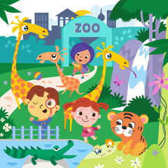 Obraz na płótnie Canvas Cute kids in zoo among animals. Funny cartoon characters. Vector illustration for games, puzzles.