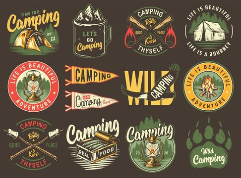 Camping outdoor emblem set, wild forest trip, boating adventure, mountains and campfire explore