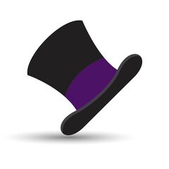 Black top hat with purple ribbon, vector on white background
