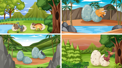 Different prehistoric forest scenes with dinosaur cartoon © blueringmedia