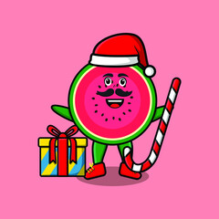 cute cartoon watermelon santa clause character is bringing candy cane and boxes christmas illustration in concept 3d cartoon style