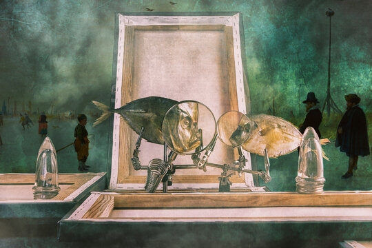 Still life with Moonfish, frames of paintings and magnifying glasses and a fragment of a picture of Hendrick Avercamp (1585 - 1634)