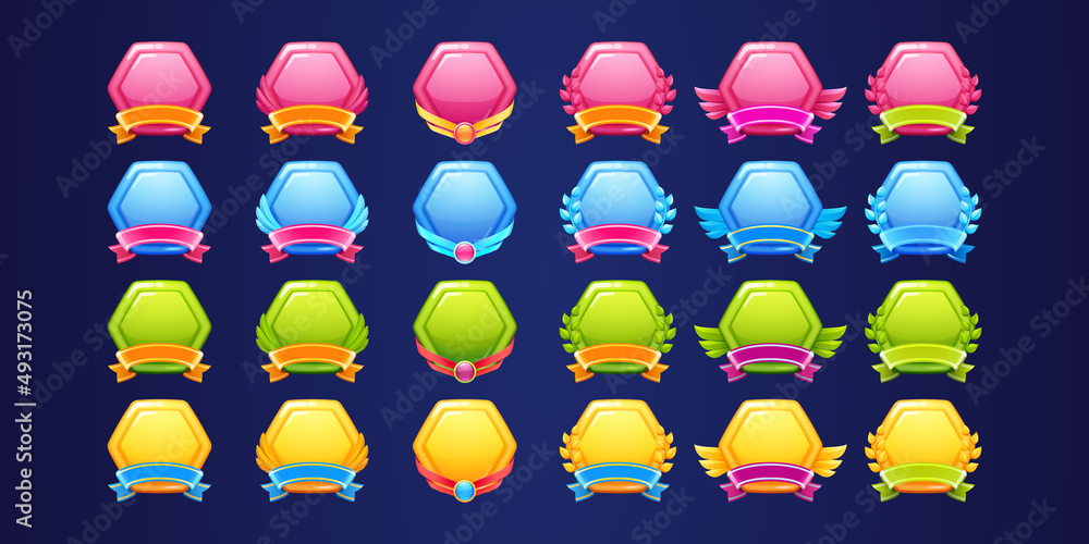 Poster set of glossy award badges, ranking game level ui icons. empty hexagon colorful shields with banners