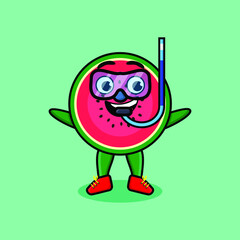 Cute cartoon watermelon diver with swimming glass in 3d modern style design