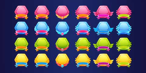 Set of glossy award badges, ranking game level ui icons. Empty hexagon colorful shields with banners, wings or laurel wreaths, isolated bonus or rank frames pink, blue, gold, green Vector elements set © klyaksun