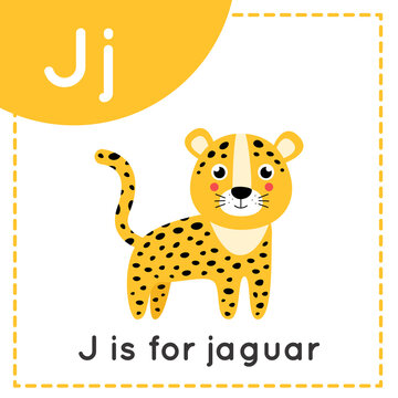 Learning English alphabet for kids. Letter J. Cute cartoon jaguar.