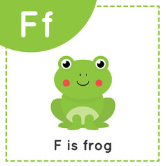 Learning English alphabet for kids. Letter F. Cute cartoon frog.