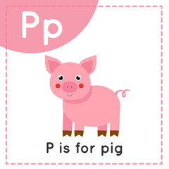 Learning English alphabet for kids. Letter P. Cute cartoon pig.