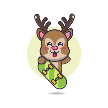 cute deer mascot cartoon character with skateboard