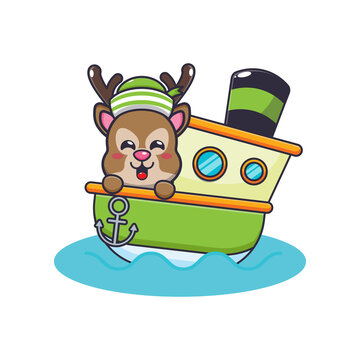 cute deer mascot cartoon character on the ship