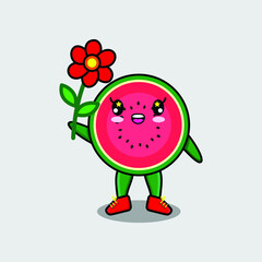 Cute cartoon watermelon character holding red flower in concept 3d cartoon style