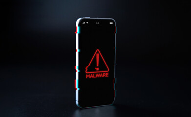 Hacker security cyber attack smartphone. Digital mobile phone isolated on black. Internet web hack...