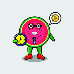 Cute cartoon watermelon character holding clock with happy expression in concept 3d cartoon style