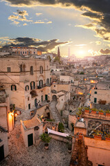 Matera, Basilicata, Italy.August 2021. Cityscape at blue hour with wide angle lens in the direction...