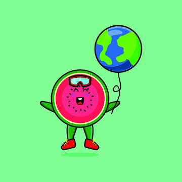 Cute cartoon watermelon floating with earth balloon cartoon vector illustration in concept 3d cartoon style