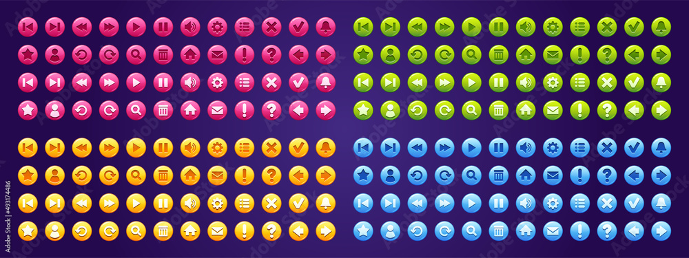 Poster set of buttons for game or app interface, menu ui design elements. user keys arrow, gear, pause and 
