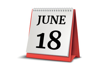 Calendar on white background. 18 June. 3D illustration.