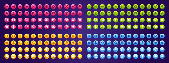 Set of buttons for game or app interface, menu ui design elements. User keys arrow, gear, pause and notification bell, replay, zoom, settings, message, home page, question, star isolated Vector icons © klyaksun
