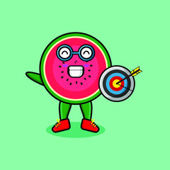 Cute cartoon pear fruit businessman holding target and arrow with happy expression in 3d modern style design