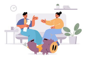 Family financial crisis concept, young couple holding long bill discuss budget problems with broken piggy bank nearby, finance and money collapse, credit, mortgage burden Line art vector illustration