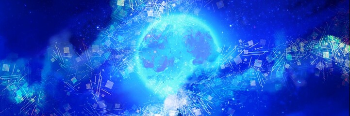 夜空に輝く星と月とミステリアスなオーロラの七夕イラスト