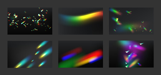 Rainbow crystal lights collection of backgrounds. Prism flare reflection, lens refraction overlays. Glass, jewelry or gem stone glare, kaleidoscope optical effect Realistic 3d vector illustration, set