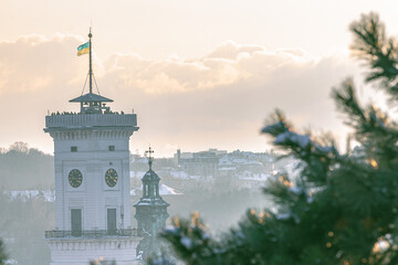 Lviv, Ukraine - February, 2022: Tower of city hall building. View from the Vysoky Zamok (Lviv...