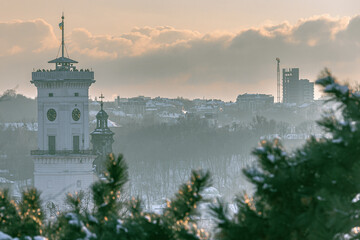 Lviv, Ukraine - February, 2022: Tower of city hall building. View from the Vysoky Zamok (Lviv castle hill).