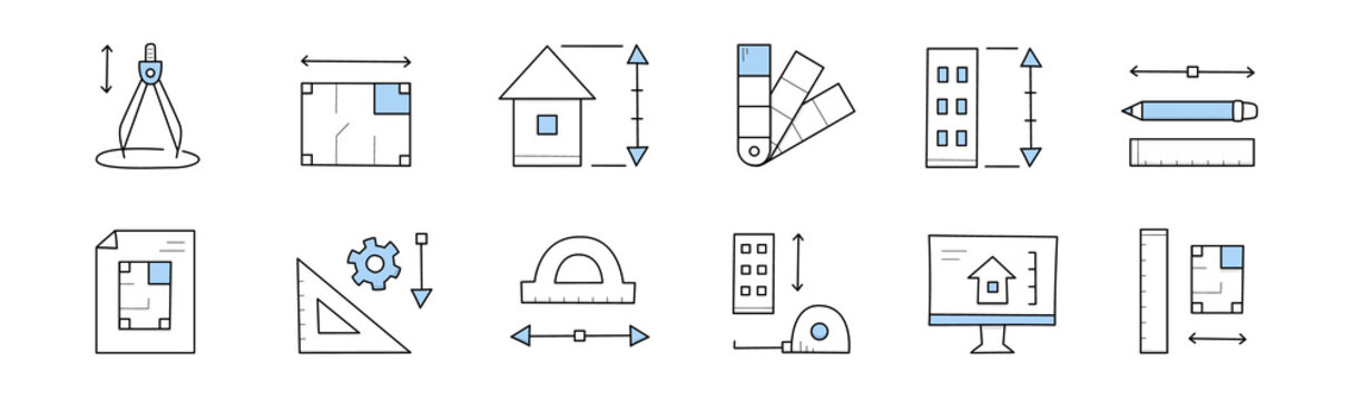 Set architect doodle icons, building project, compass, architecture flat blueprint layout, house plan, color palette, protractor, pencil, measuring instruments, pc desktop Line art vector illustration