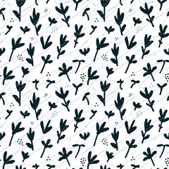 Monochrome abstract floral seamless vector pattern background. Hand drawn doodle blooming flowers, polka dot and thin lines. Minimal stylized artistic ornament for fabric, wallpaper, cover, cards